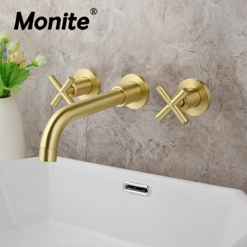 

Monite Brushed Golden Bathtub Faucet Tap Wall Mounted Bathroom Basin Sink Faucet Solid Brass Hot & Cold Mixer Golden Mixer Tap