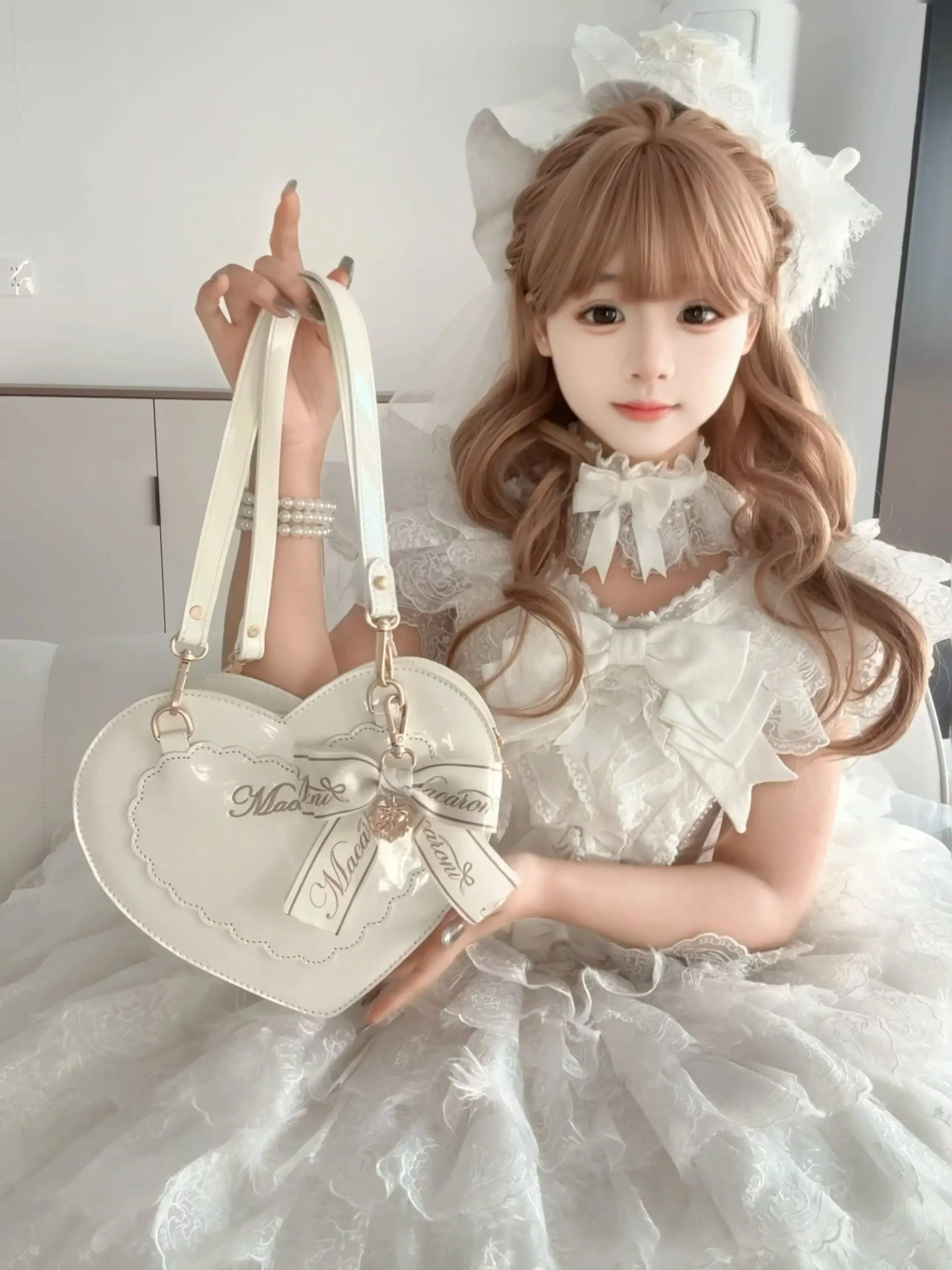 Japanese Original Sweet and Cute Heart-shaped Lo Bags Soft Girl Cal Series Elegant Lolita Bow Shoulder Messenger Women's Bags