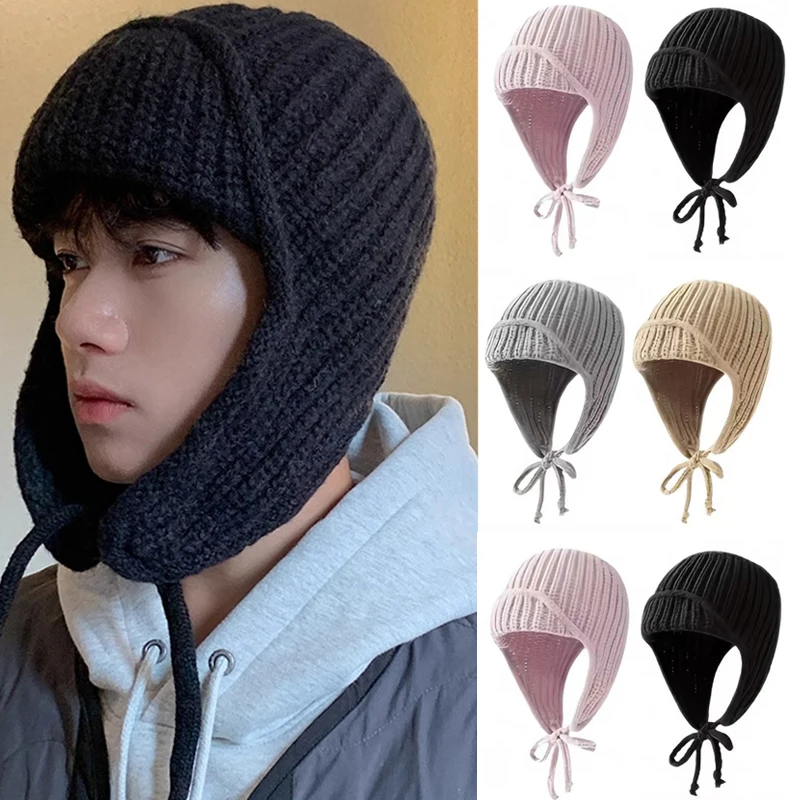 Warm Ear Protection Knitted Hat Fashion Winter Cold Proof Flying Cap Soft Solid Color Woolen Crochet Bonnet Women Wool Beanie