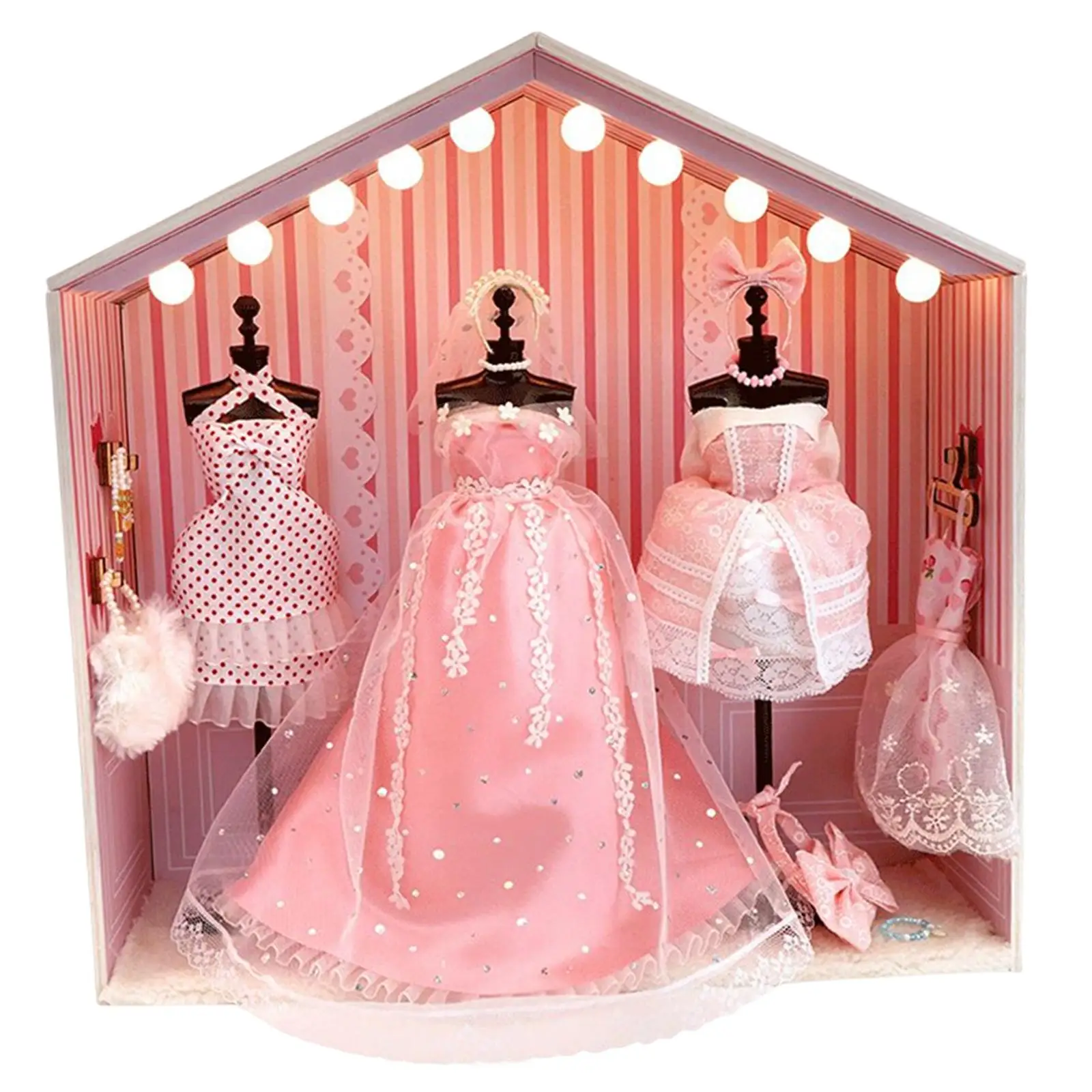 Wooden Miniature Doll House and Model Stand with Clothes Handmade LED Light