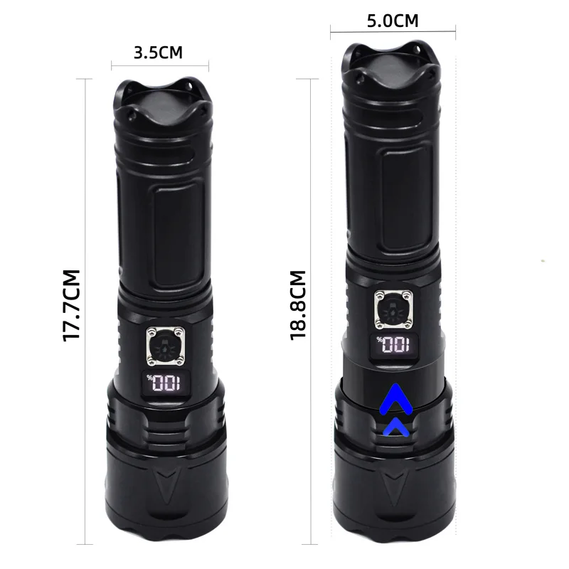 600W High Power White LED Flashlight Waterproof Long-range Outdoor Searchlight Aluminum Zoom Light Digital Display USB Charging