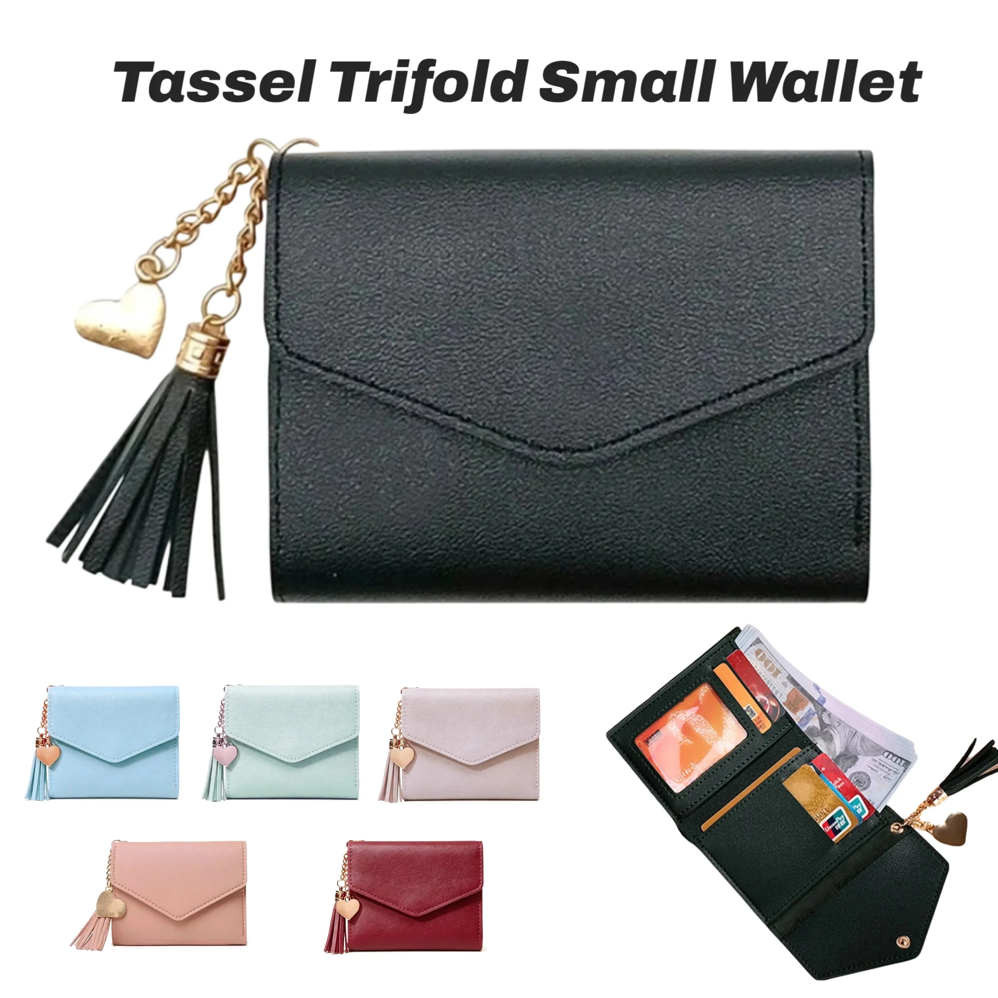 Pomelo Best Compact Trifold Wallet for Women Snap Closure Card Holder with Tassel for Daily Use