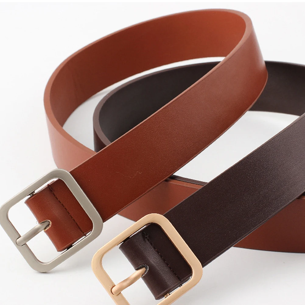 

1pc Women Pu Belt Adjustable Square Buckle Casual Belt Female Stylish Waist Accessory Coffee Gold 110Cm 3.3Cm Width