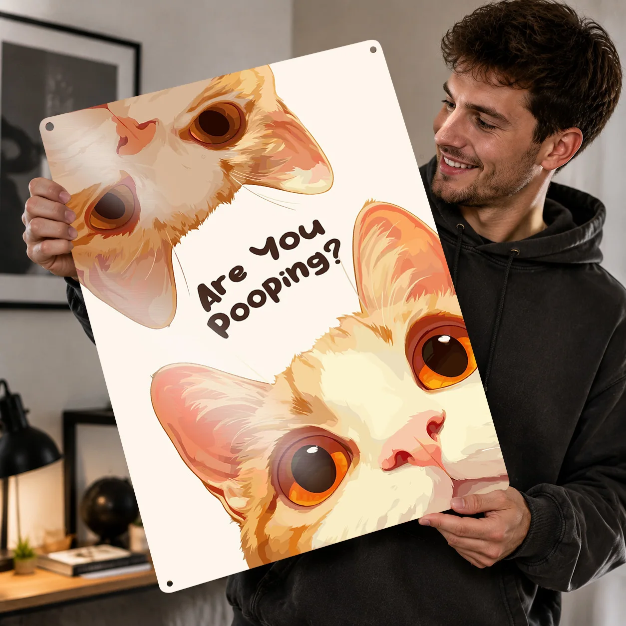 Curious Cats: Are You Pooping? Personalized 3D Textured Metal Poster Wall Art Tinplate Sign for Custom Plate Home and Decoration