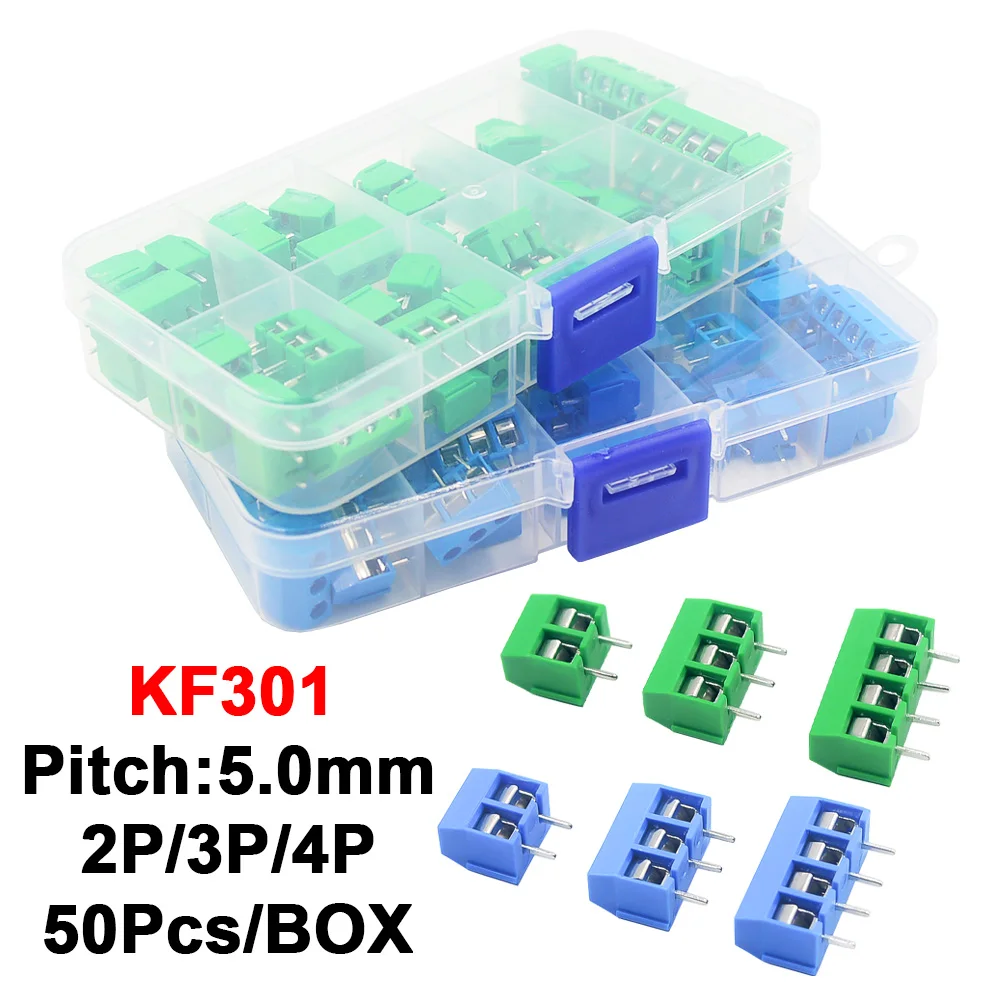 50 Pcs/BOX Pitch 5.0mm Straight Pin 2P 3P Screw PCB Terminal Block Connector 10A 300V 24-18AWG