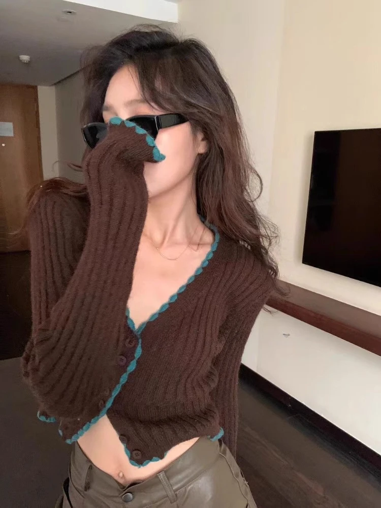 V-neck Cardigan Women Koraen Style Fluffy Tops Zigzag Long Sleeve Fashion Simple Leisure Sweaters Vintage Winter Autumn Female