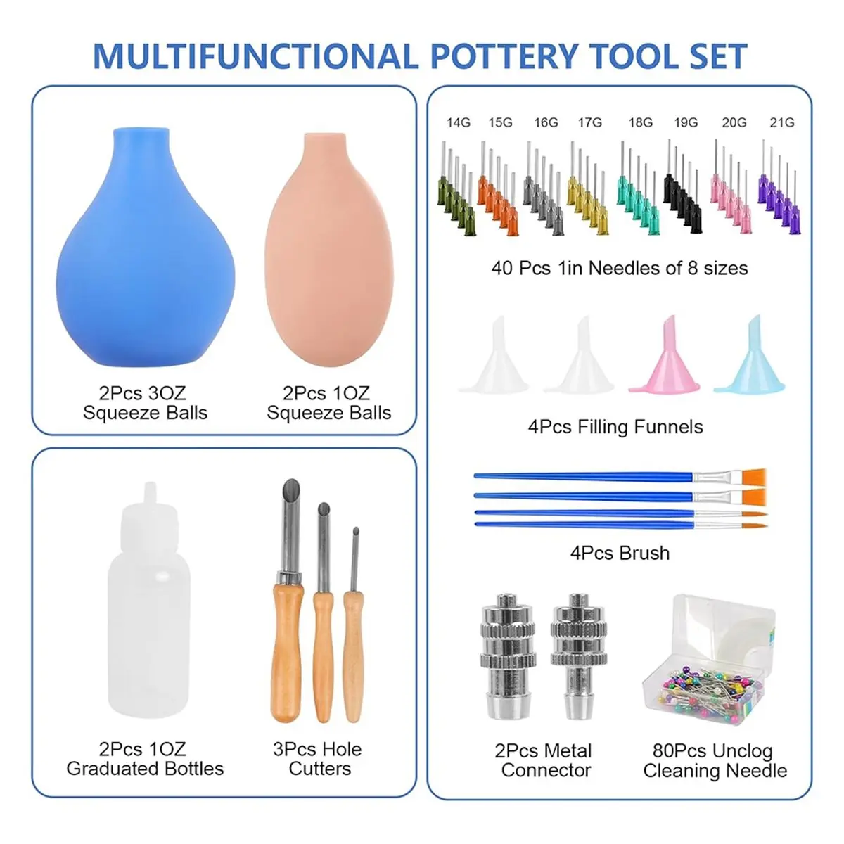 A1342P ~Pottery Tools Kit, Ceramic Glaze -Tip Applicator Bottle with 8 Sizes Needles,Complete Clay Art Supplies