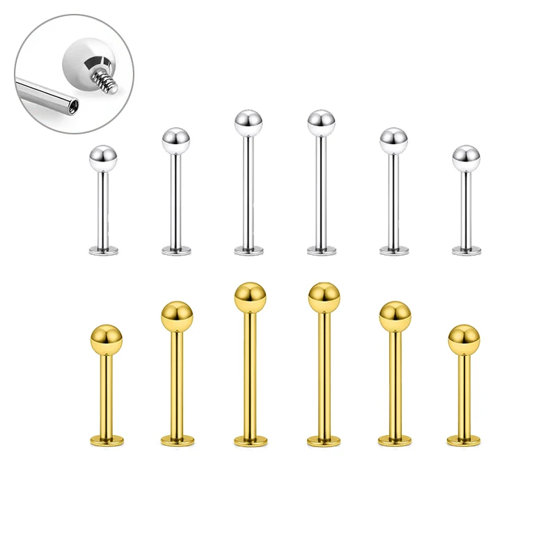 16G Surgical Stainless Steel Nose Lip Stud, 4pcs/lot 6-12mm Internally Threaded Helix Earring Tragus Piercing Jewelry Flat Back