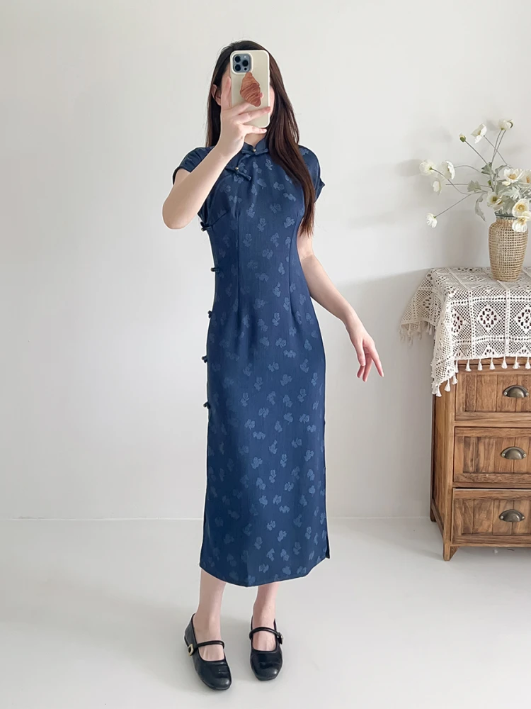 

Deep Blue New Chinese Sle Retro Improved Small Size Slimming High End Feeling Suitable for Office Wear