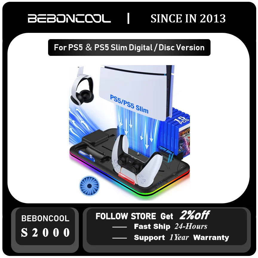 BEBONCOOL S2000 RGB Cooling Stand  Vertical Cooling Station Cooler PS5 DualSence Gamepad Charger For PS5 Slim/PS5 Digital/Disc