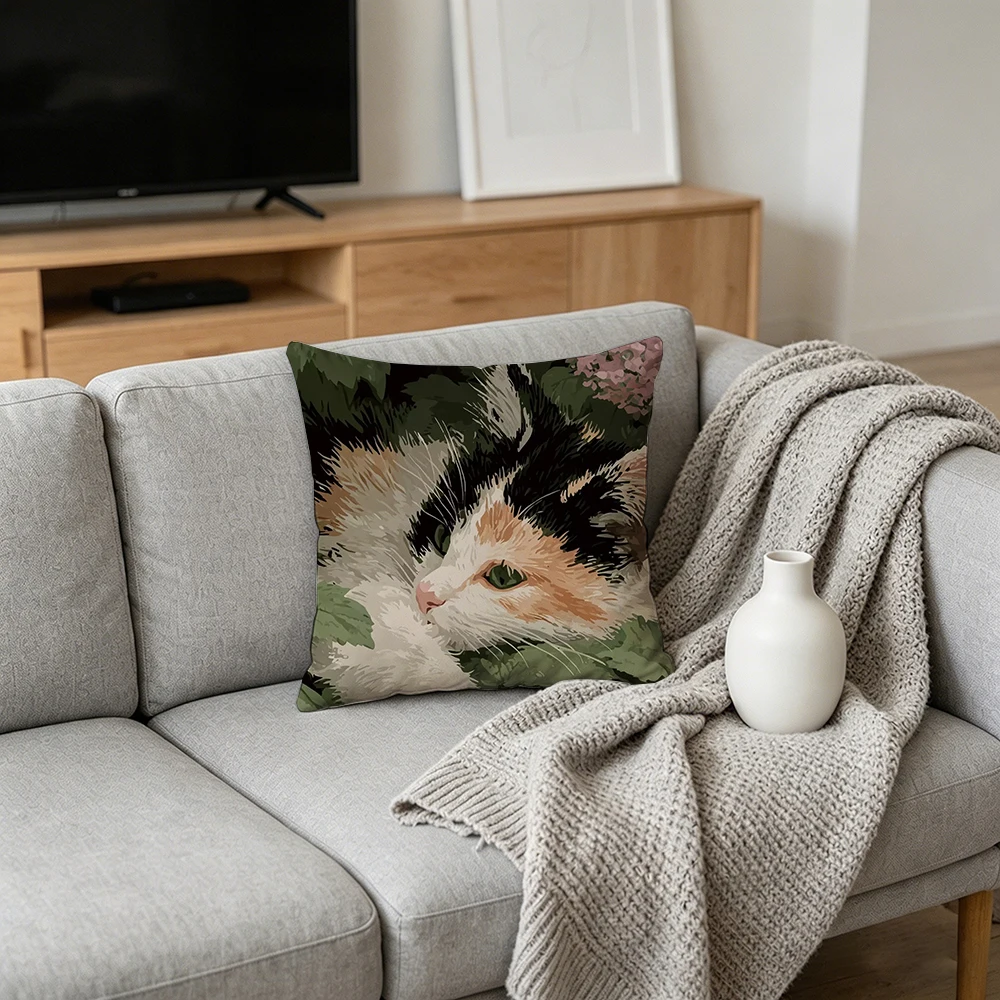 1PC Throw Pillow Cover,Calico Cat Oil Painting Print,Artistic Pet Style,For Sofa Bedroom Couch Home Decor