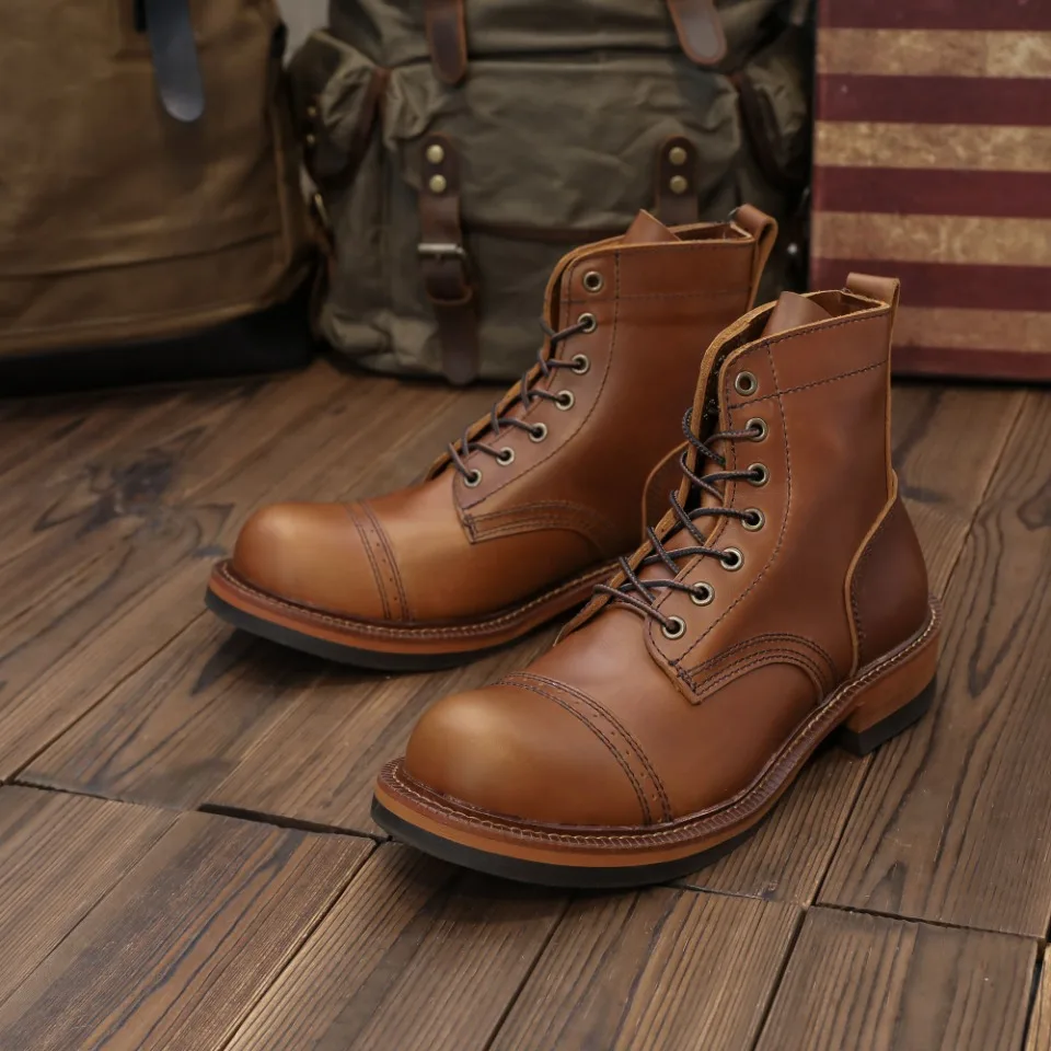 

Vintage High Quality Handmade Men Boots Coffee Cow Leather Round Toe Wedge Ankle Boots Winter Tooling Motorcycle Boots