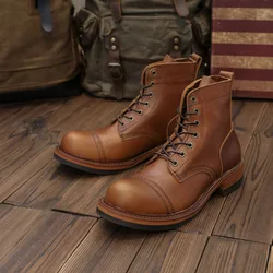 Vintage High Quality Handmade Men Boots Coffee Cow Leather Round Toe Wedge Ankle Boots Winter Tooling Motorcycle Boots