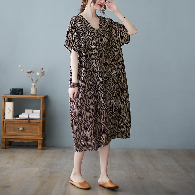 Retro bawełniana lniana spódnica z nadrukiem, duży rozmiar, damska, dekolt w serek, luźna, długa, codzienna, letnia, wygodna, plus size.