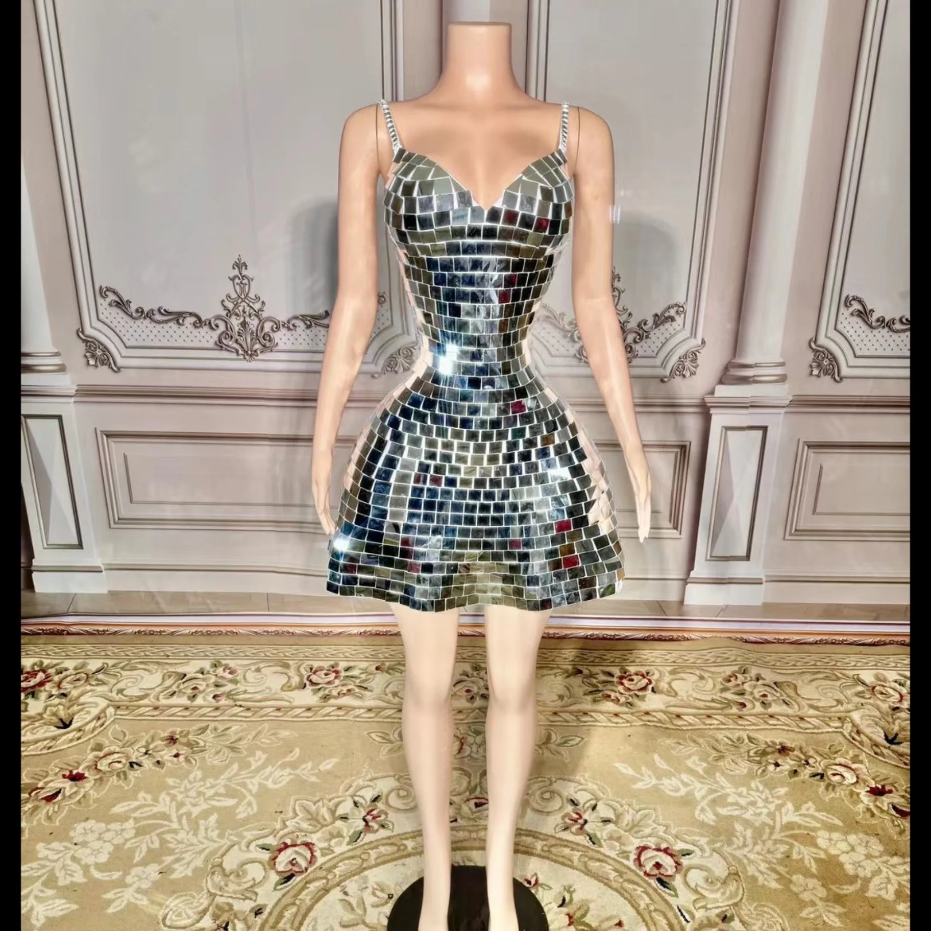 

New Unisex A-Line Dress With Cross-Border Mirror Sequined Strap Popular European American Party Dress for Women Men for Dance