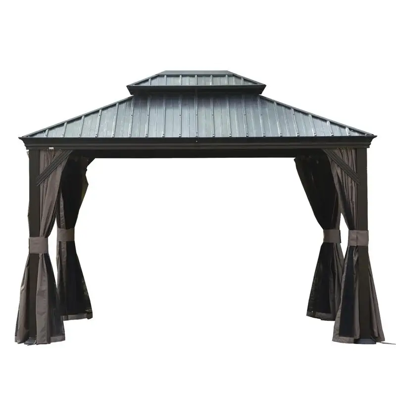 

12x14 Hardtop Gazebo, Upgraded Metal Canopy with Drainage System, Dual-Layer Galv Steel Roof, Curtains & Netting, Outdoor