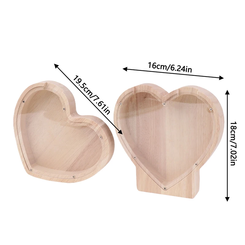 Heart Shaped Piggy Bank Wooden Coin Money Saving Box Jar Coins Storage Box Desktop Ornament Home Decor Craft Xmas Gift