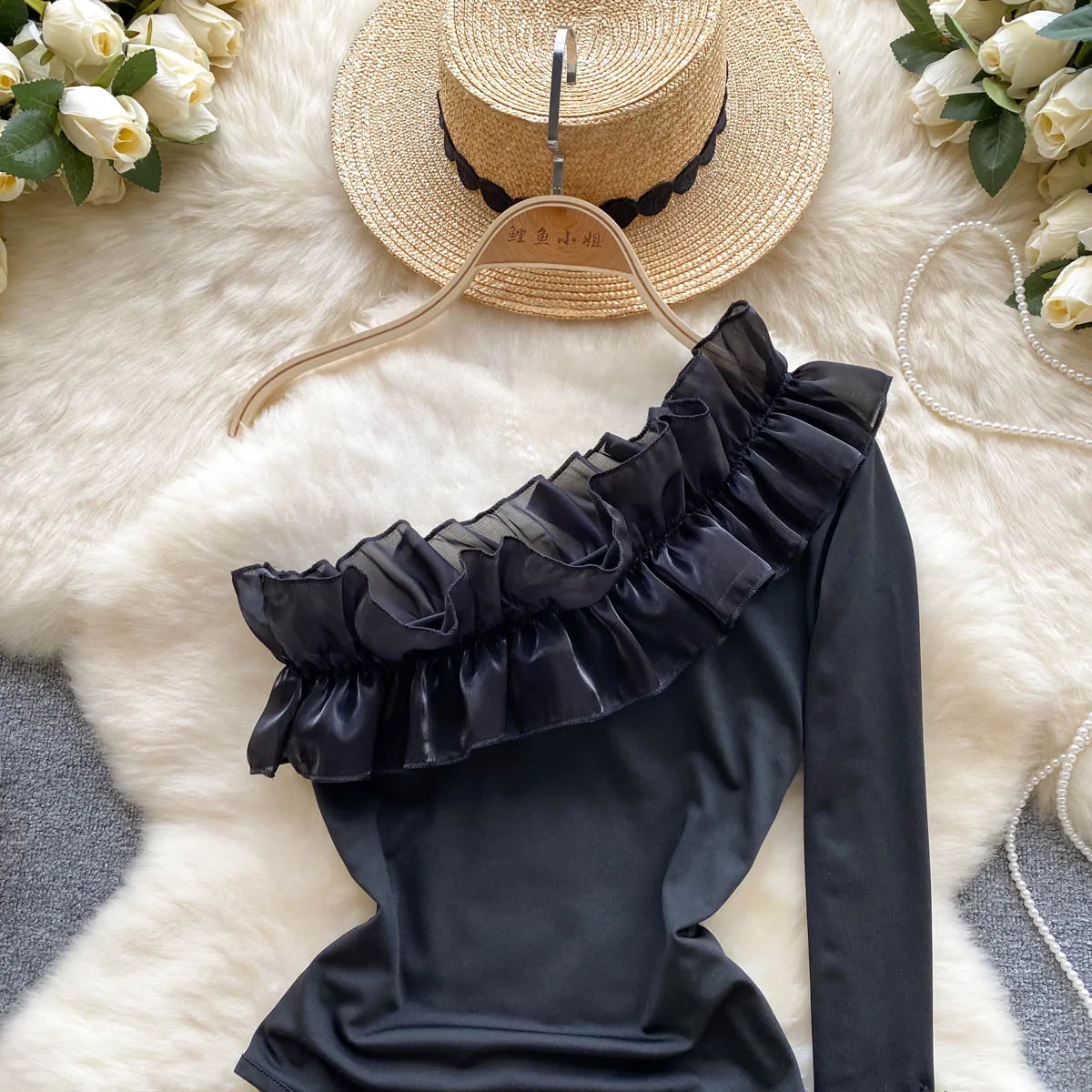 Sexy  Solid Ruffle Pleated Off Shoulder Bodysuit Fashion Diagonal Collar One Piece Basic Hotsweet Women Gothic Slim Jumpsuit Ins