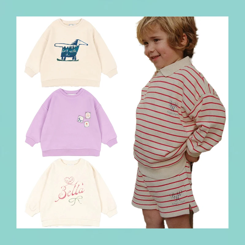 

2025 New Spring Autumn KS Children's Hoodie Boys Girls Round Neck Printed Casual Sportswear Kids Striped Top and Shorts Set