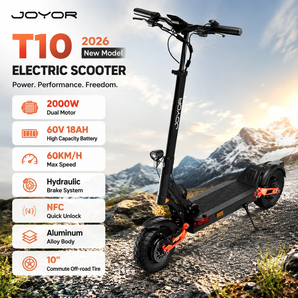 JOYOR T10 2026 Neues Modell Elektroroller 2000W Doppelmotor 60V18AH Hydraulische Bremse NFC Schnellentriegelung 60km/h Aluminiumlegierung Gehäuse 10 Zoll Pendler- und Offroad-E-Scooter