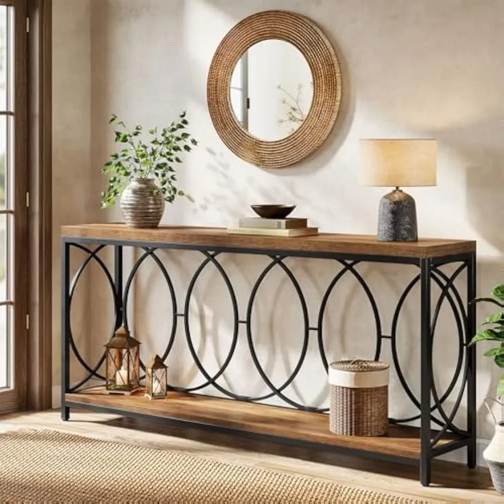 

70.9-Inch Extra Long Console Table, 2-Tier Industrial Table Behind Couch with Storage Shelf, Narrow Entryway Console