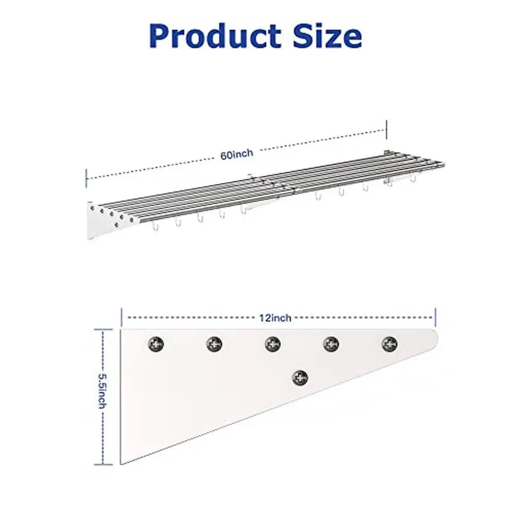 12x60 NSF Certified Stainless Steel Wall Mount Shelf with 10 S Hooks Convenient Storage and Organization Lightweight Easy to