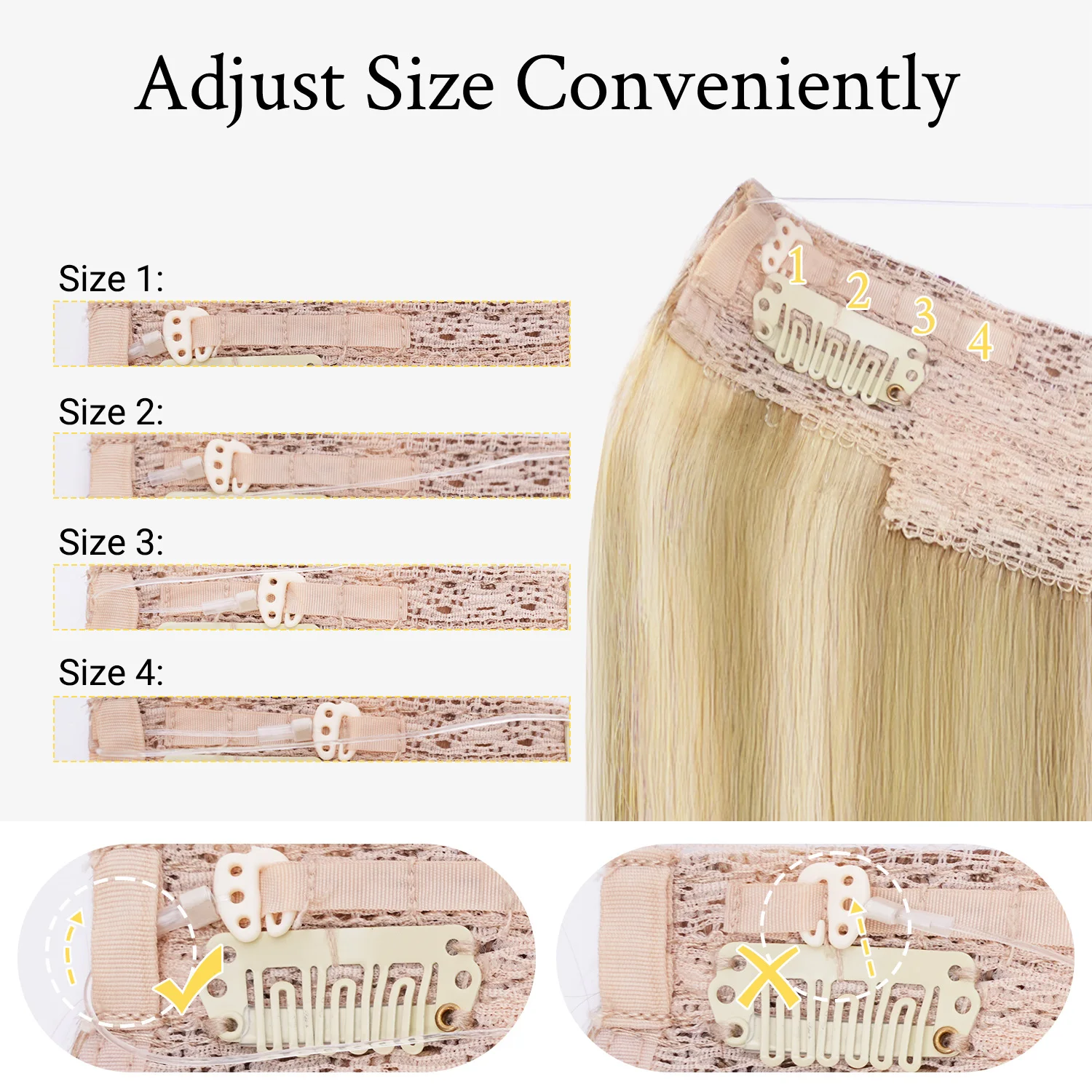 Sunmofavo Invisible Wire Halo Hair Extensions 100% Remy Human Hair Fish Line with 4 Anti-slip Secure Clips Golden Blonde Highlights Seamless Hairpiece for Women Daily Party Occasion Wear Instant Volume - view 4