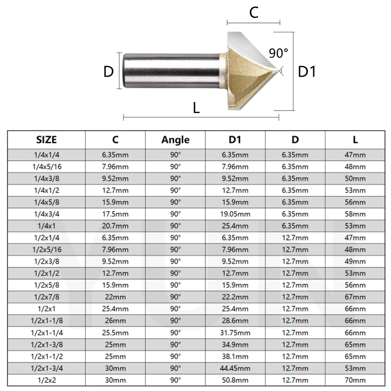 V Type Woodworking Milling Cutter 90 Degree Drill Bit Round Bottom Cutter Carving Trimmer Cutter Slotting Woodworking Tools