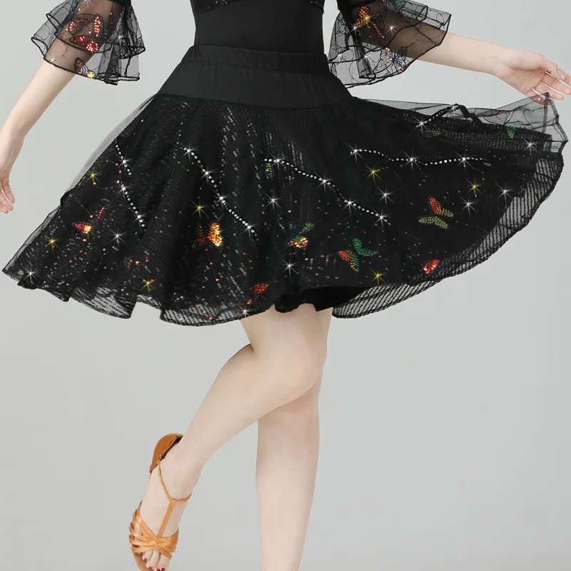 

Square Latin Dance Short Skirt Jitterbug Half-body Skirt Sequins Butterfly Three-Step Puffy Skirt Performance Costume Female