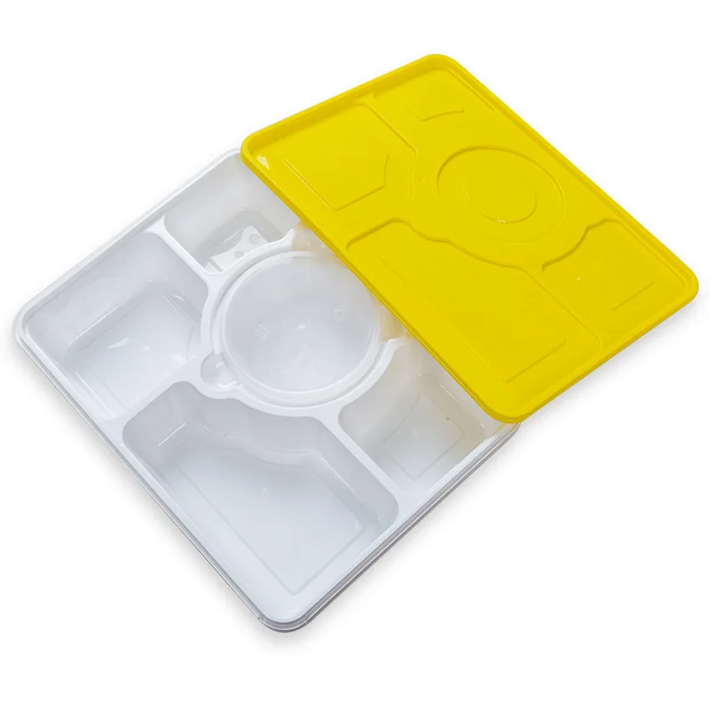 Custom Disposable Fast Food Box Rectangular Five-Compartment Takeout Packing Lunch Box with Soup Bowl Food Grade Bento Multi-Com