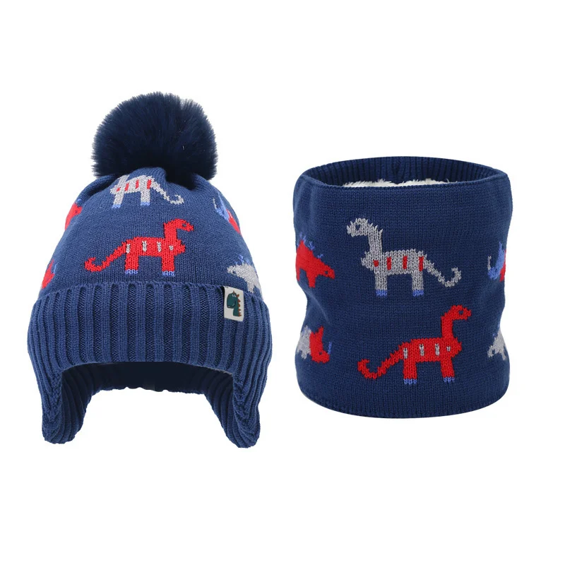 European Winter Knitted Baby Hat Scarf Set Cartoon Unicorn Beanies Girls Warm Pompom Cap Windproof Gorras Kids Crochet Bonnet