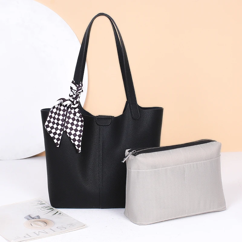 Genuine Cowhide Leather Tote Bag for Women Pebbled Leather Shoulder Bag with Removable Pouch Silk Scarf Luxury Designer Handbag
