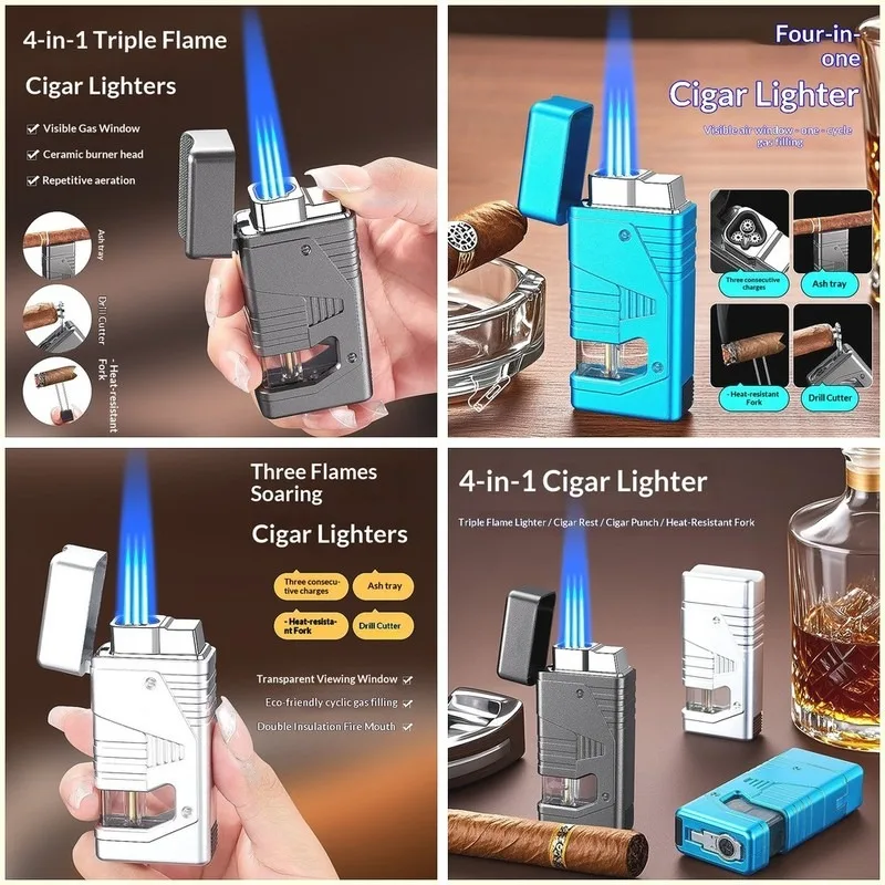 Cigar with perspective window, high aesthetic value, multifunctional straight forward windproof inflatable triple flame lighter