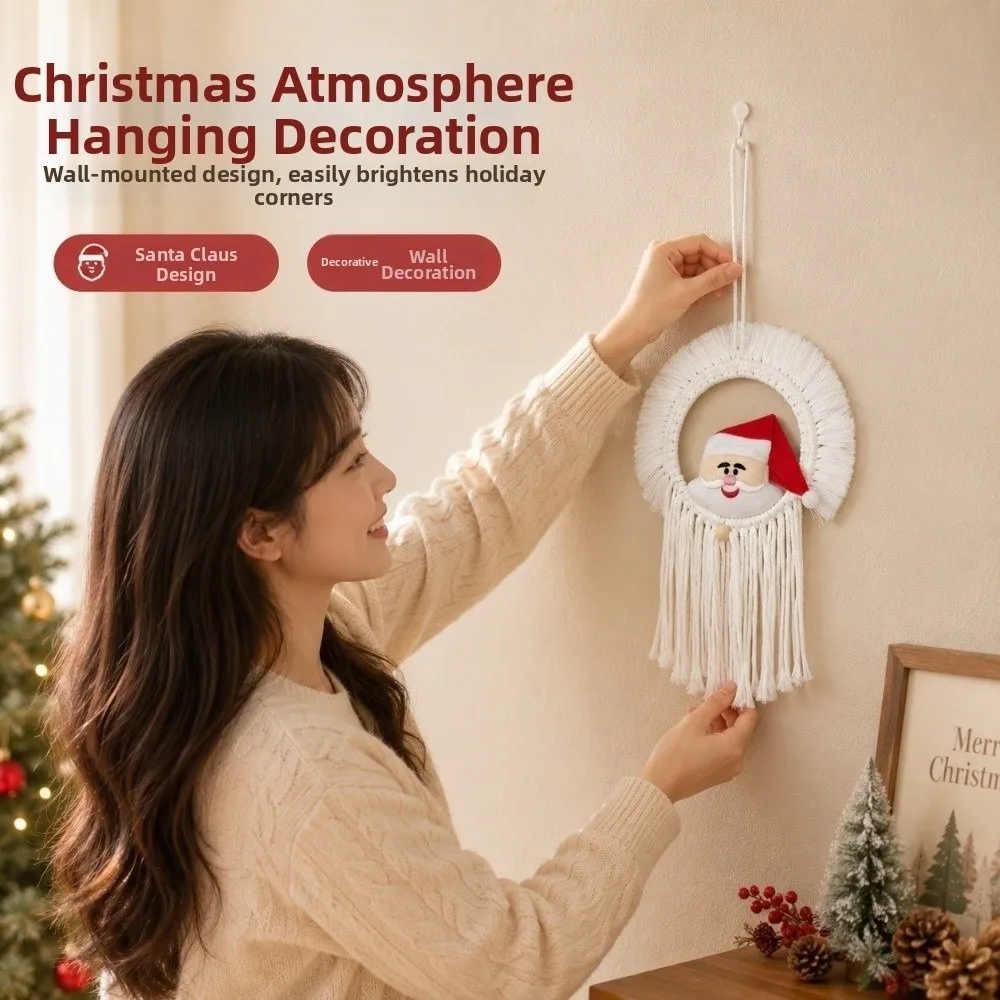 20x30cm Santa Claus Wall Hanging Round Shape Tassel Fringe Woven Wall Hanging Hanging Loop Handmade Woven