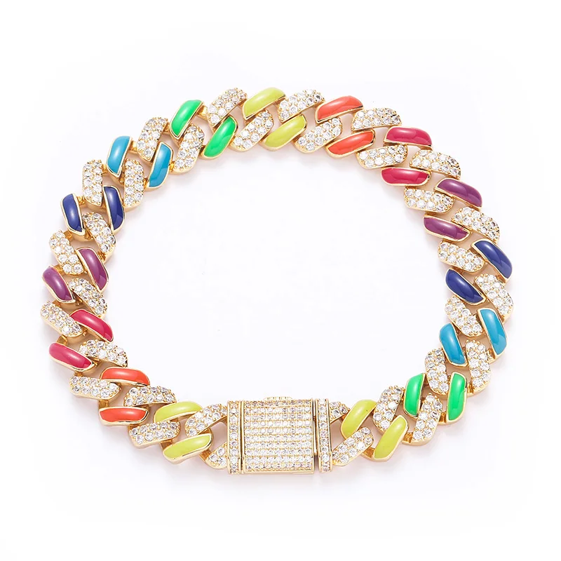 

Хип-хоп Claw Setting 5A+ CZ Stone Bling Iced Out 12 мм Многоцветный Майами Бордюр Кубинские звенья Браслеты-цепочки для мужчин Ювелирные изделия рэпера