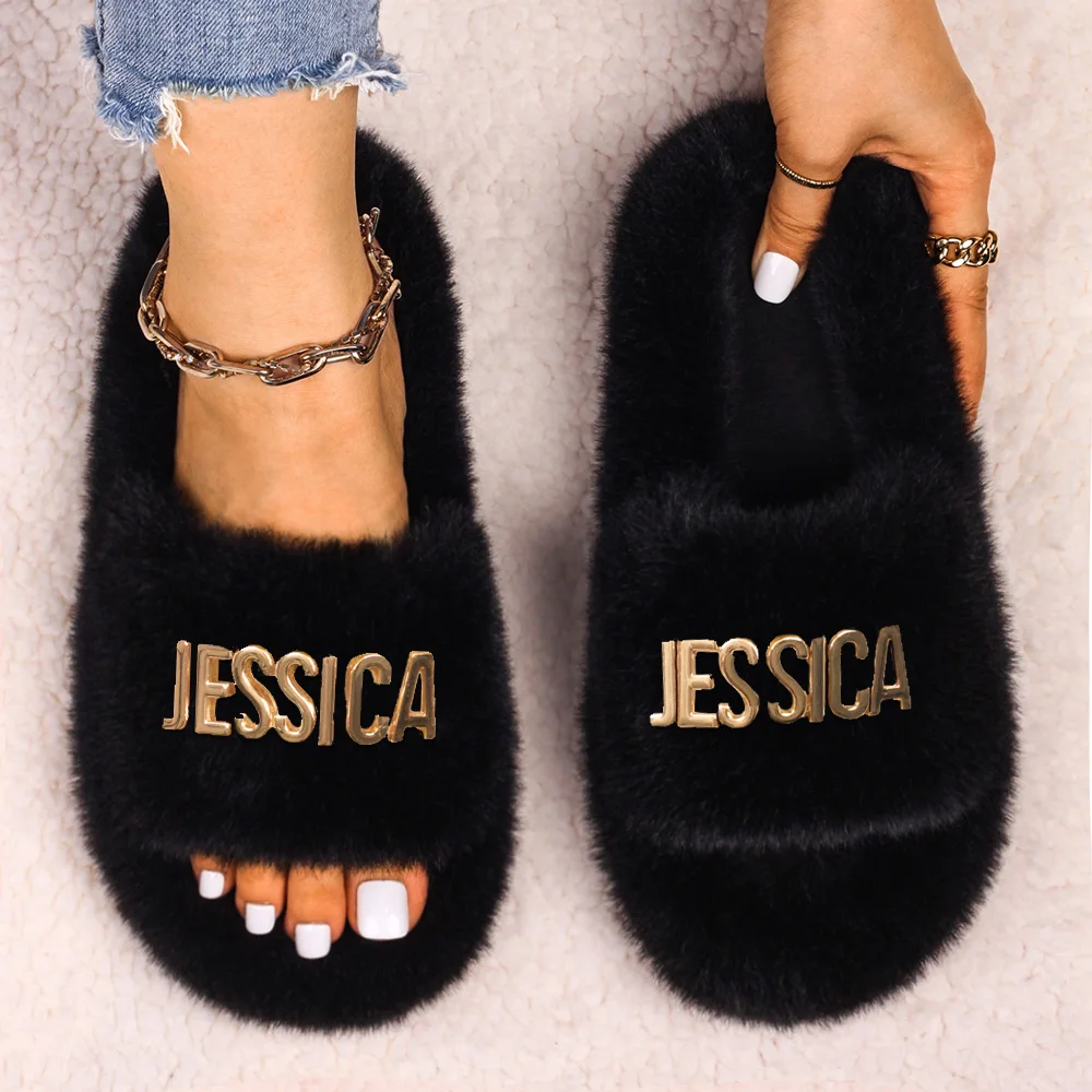 Women\'s Slippers Fluffy Flip Flops Furry Slides Letter Decor Flat Faux Fur Sandals Customized Personalized Gift Custom Name