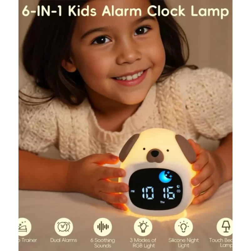 Alarm Clock for Kids Puppy-Shape Toddler Sleep Training Clock Cute Touch Night Light for Children Bedroom