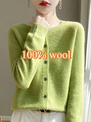 100% Australia Wool Women's Skinny Long-sleeved O-neck Loose Knitted Cardigan Ladies Casual Elastic Sweater Tops