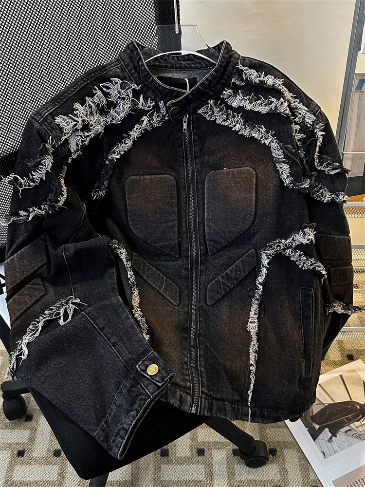 Retro Distressed Denim Short Jacket Loose Fit Stand Collar Men's And Women's Street Style Fashion Carvings Outerwear