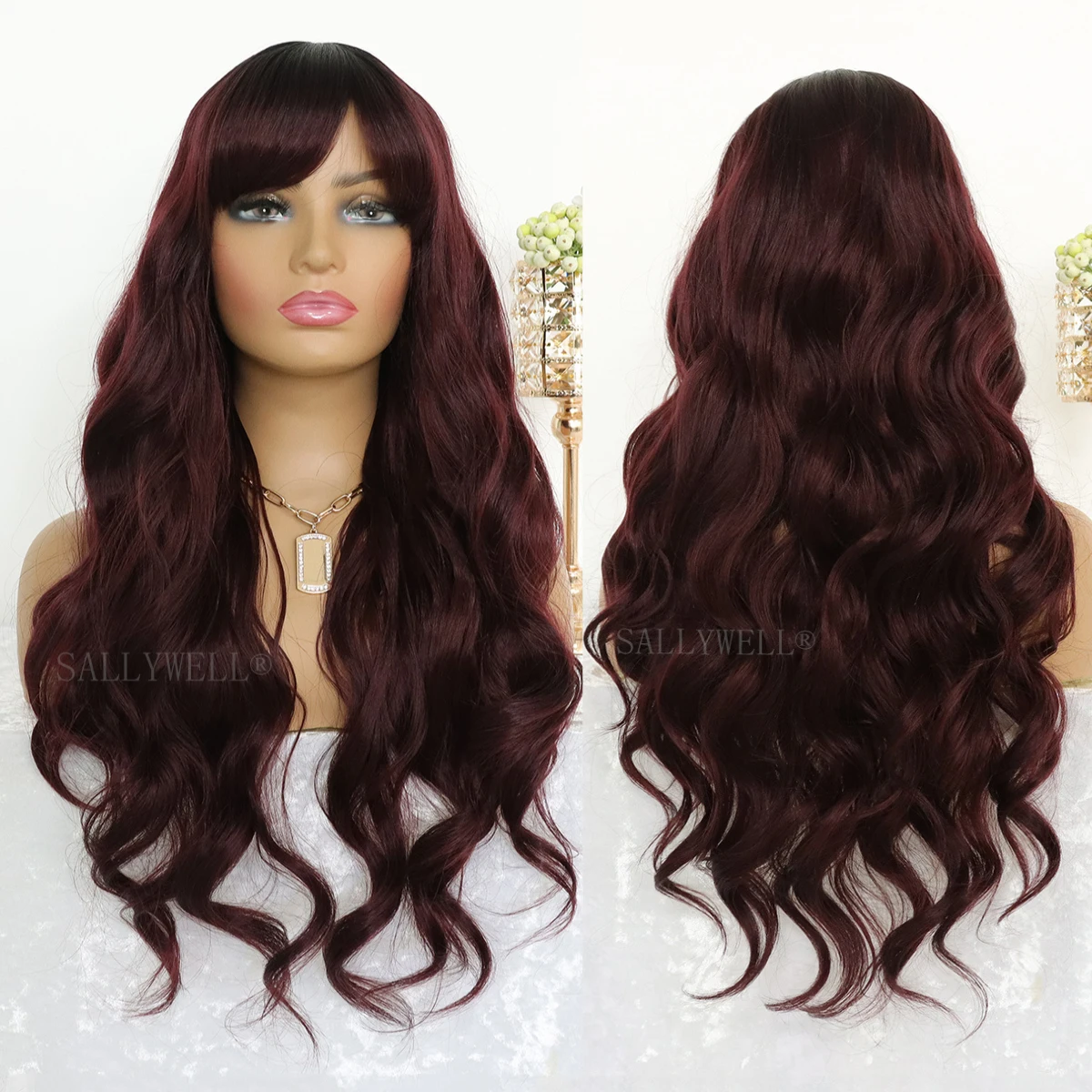 Long Wig with Bangs Wine Red Wavy Wigs for Women Synthetic Heat Resistant Fibre Burgundy Wigs for Girls Daily Party Use