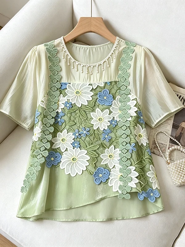 

plus Size Women's Fashion Summer Shirt Embroidered 3D Flower Belly Cover Slimming Top Korean Style Commute Lace Short Sleeve