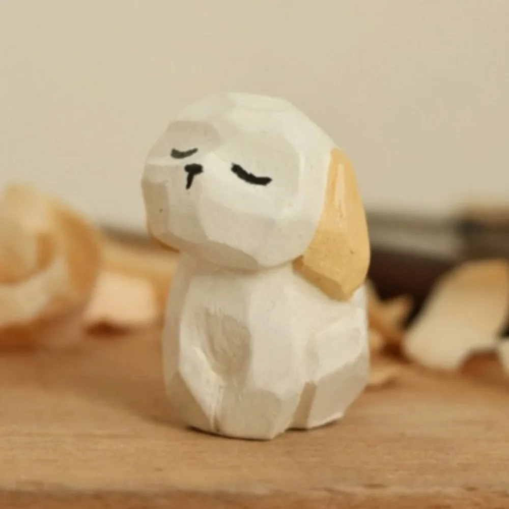 Cartoon Characters Wooden Carving Cat Ornament Sheep Crafts Animals Ornament Cute Handmade Small Rabbit Model Desk Decor