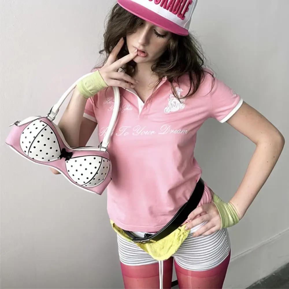 Cute Korean Style Polka Dot Bra Shoulder Bag Bra Shape Harajuku Underarm Bag Fashion Lace Printing Handbag Girls