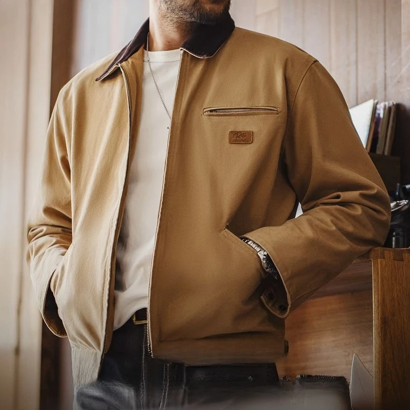 

Men's Clothing Vintage Canvas Hunting Coat Lapels Zippers Tooling Jackets with Lumbar Side Adjustment Button for Spring Fall