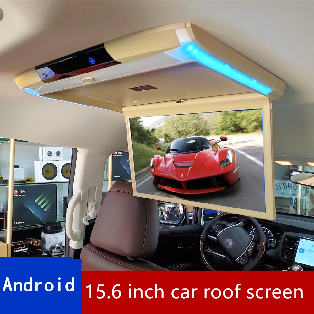 15.6 inch Folding Car AndroidMonitor IPS Screen Foldable Car Video Audio MP5 Player Ceiling TV Roof Mount Display WiFi USB FM BT