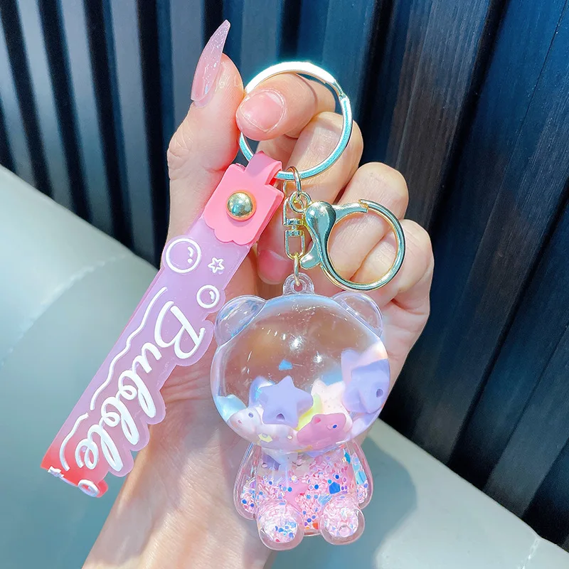 Creative Jelly Bean Bear Oil Bottle Liquid Key Chain Floating Snowflake Sequin Letter Pentagram Pearl Bubble Bear Doll Keyring