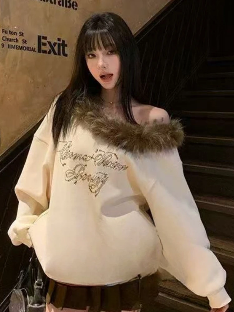 Y2k – sweat à capuche en fourrure pour femme, imprimé Patchwork, col incliné, Harajuku, lettre diamant, décontracté, ample, fée Grunge, automne