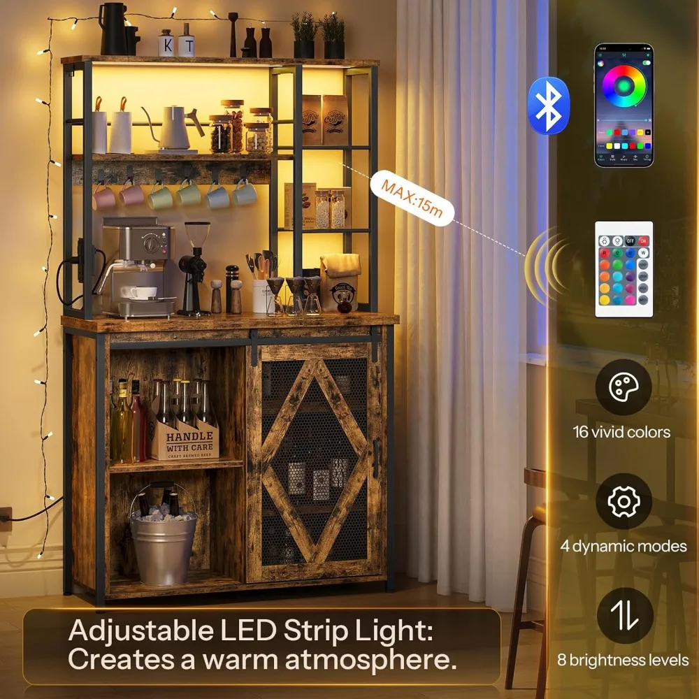Estante para Panificação com Tomada Elétrica e Luz LED, Suporte para Micro-ondas, Estante de Armazenamento de Cozinha com Porta Deslizante, Personalizada