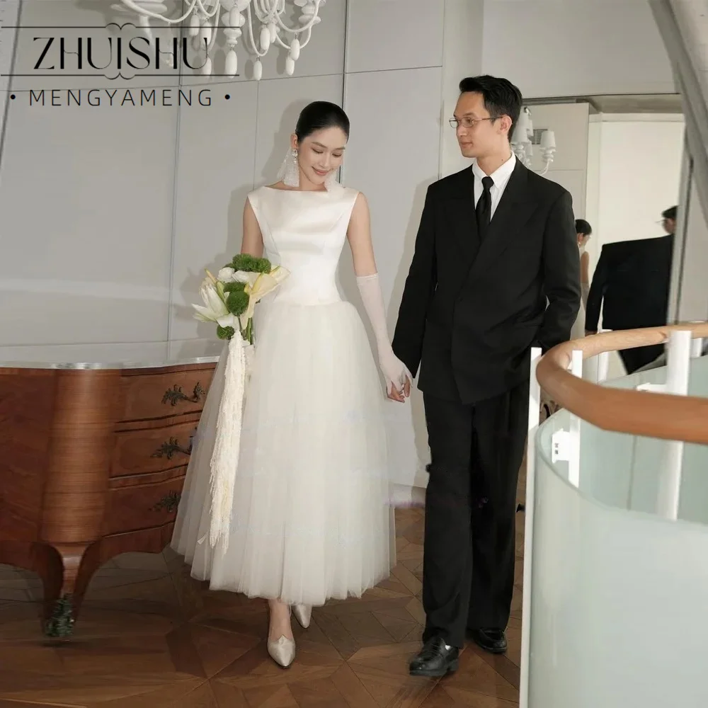 ZHUISHU Koreanisches O-Ausschnitt Hochzeitskleid aus Satin und Tüll mit Raffungen, Maßgeschneidertes Weißes Brautkleid 웨딩드레스 für Fotoshootings und Hochzeiten