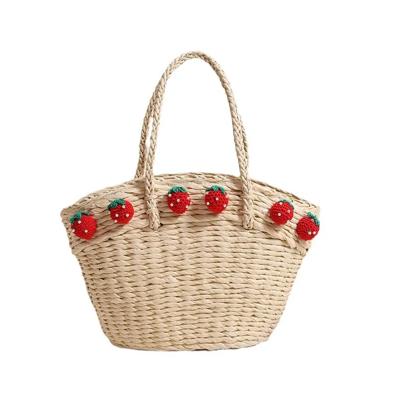 

New Handheld Large Capacity Grass Holiday Beach Handmade Woven Bag Cute Strawberry Handheld Vegetable Basket Bag